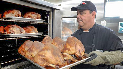 Rescue Mission Cook Putting Turkeys in the Oven