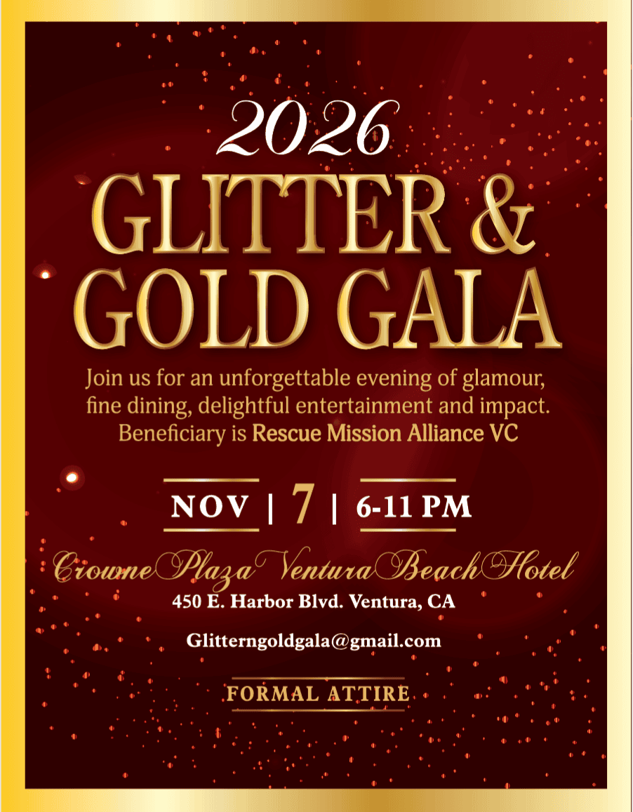 2026 Glitter & Gold Gala poster with event details and venue in Ventura Beach, CA.